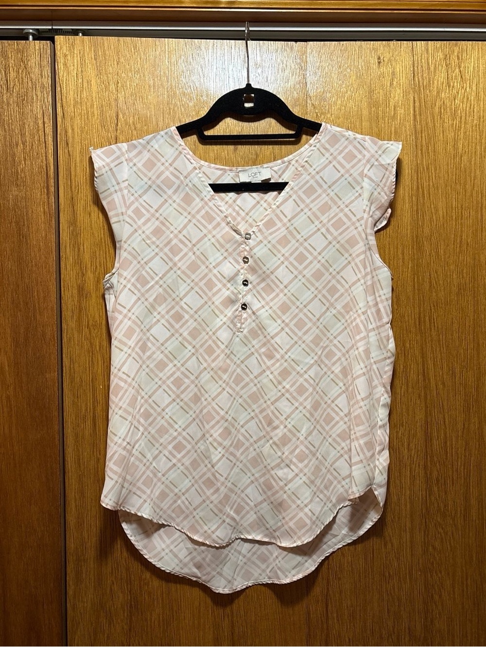 LOFT Pink Plaid Pattern Blouse With Button Details